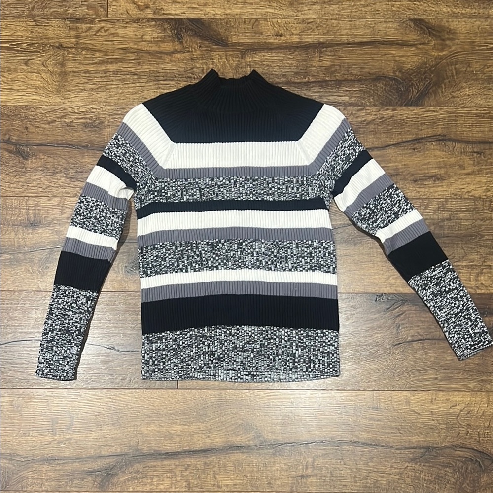 Striped Black and Gray Studio Works Petite Medium Women's Sweater